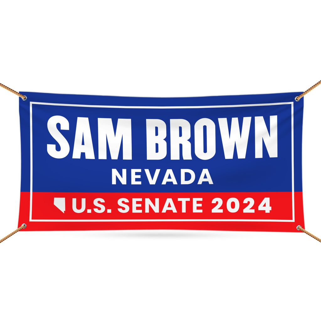 a blue and red banner that says sam brown nevada