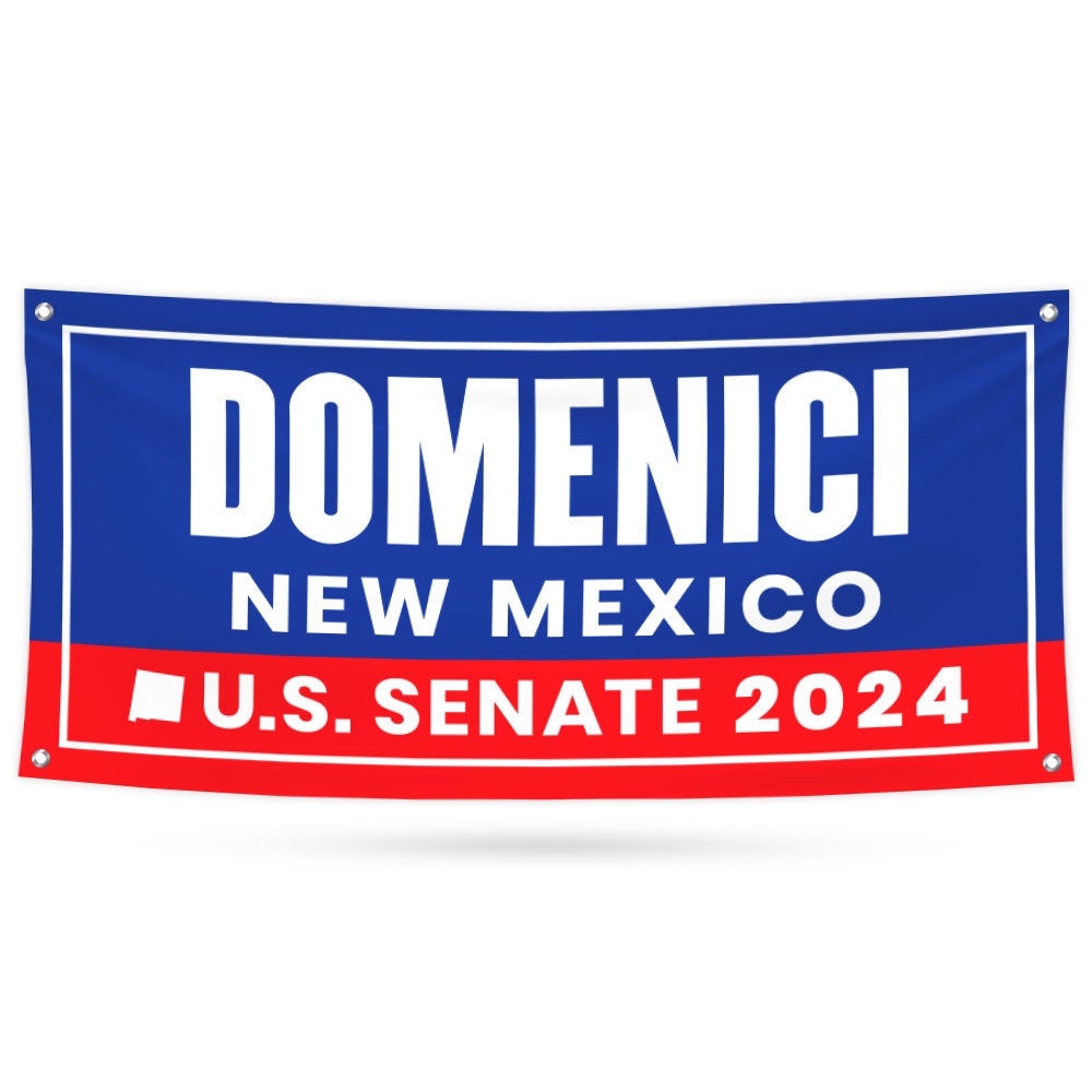 a blue and red banner with the words domenici new mexico