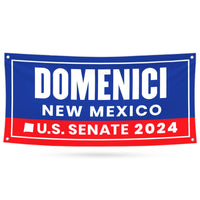 a blue and red banner with the words domenici new mexico