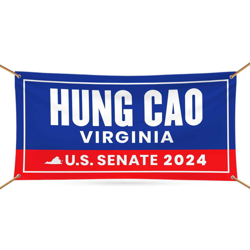 a blue and red banner that says hung cao virginia