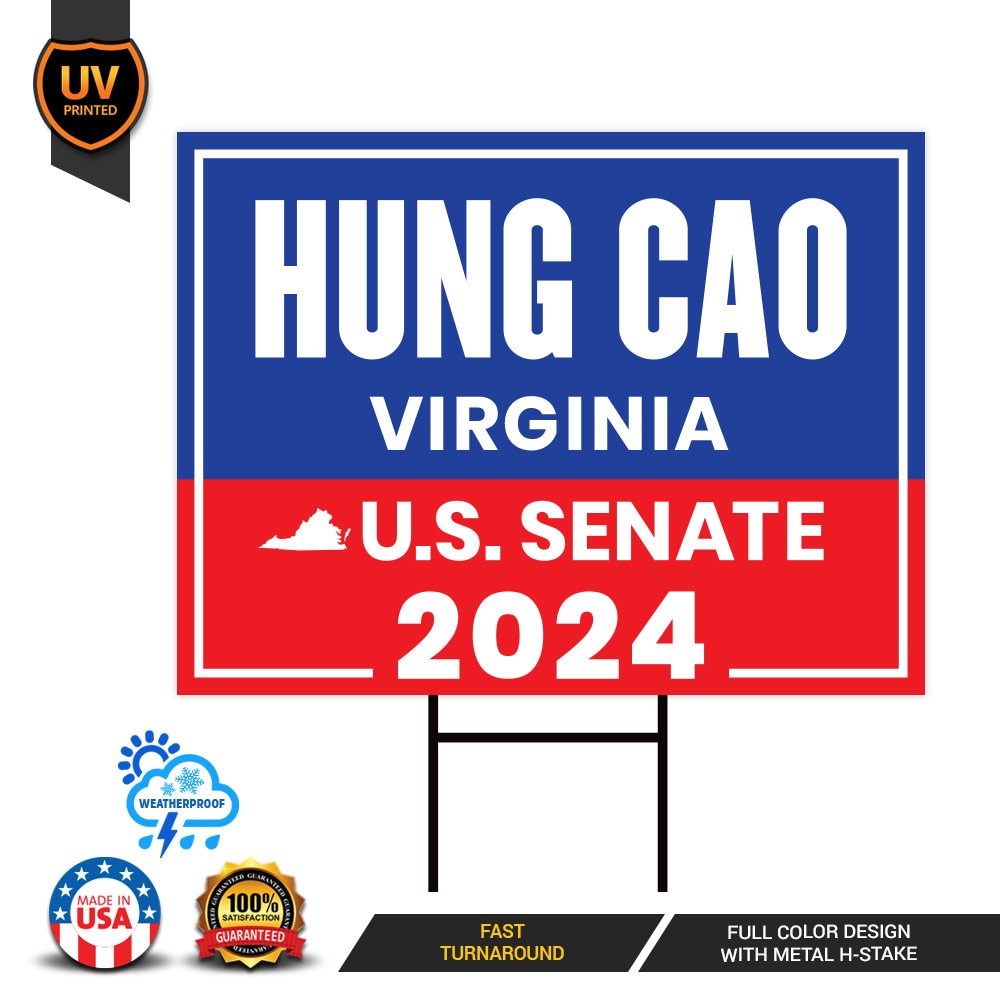 a blue and red sign with the words hung cao virginia on it