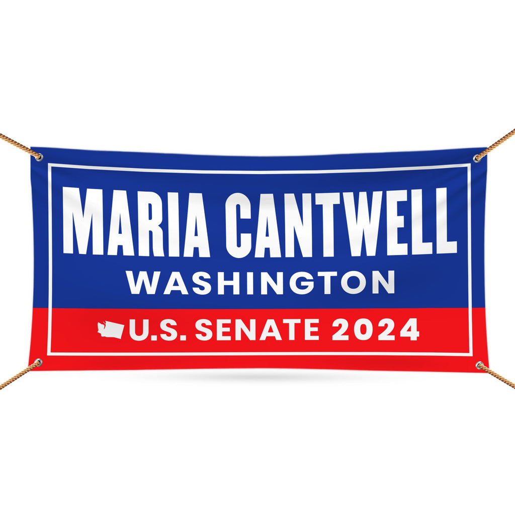 a blue and red banner that says, maria cantwell washington, u s