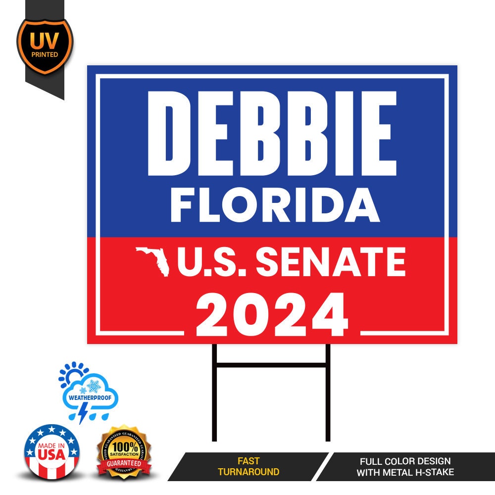 a blue and red sign with the words debbbie florida on it