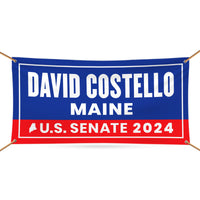 a blue and red banner with the name david costello maine