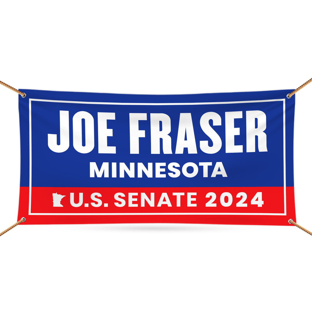 a blue and red banner that says joe fraser minnesota