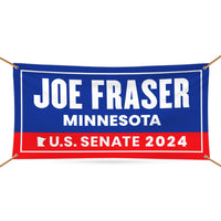 a blue and red banner that says joe fraser minnesota