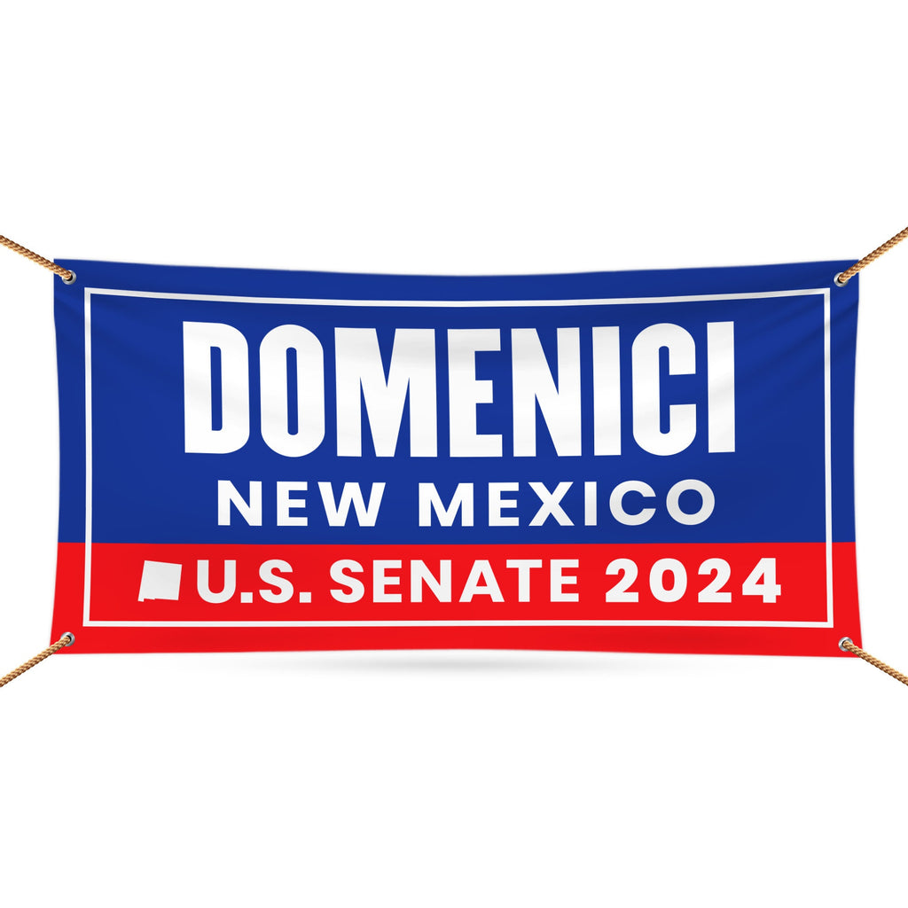 a blue and red banner that says,&#39;domenici new mexico u s