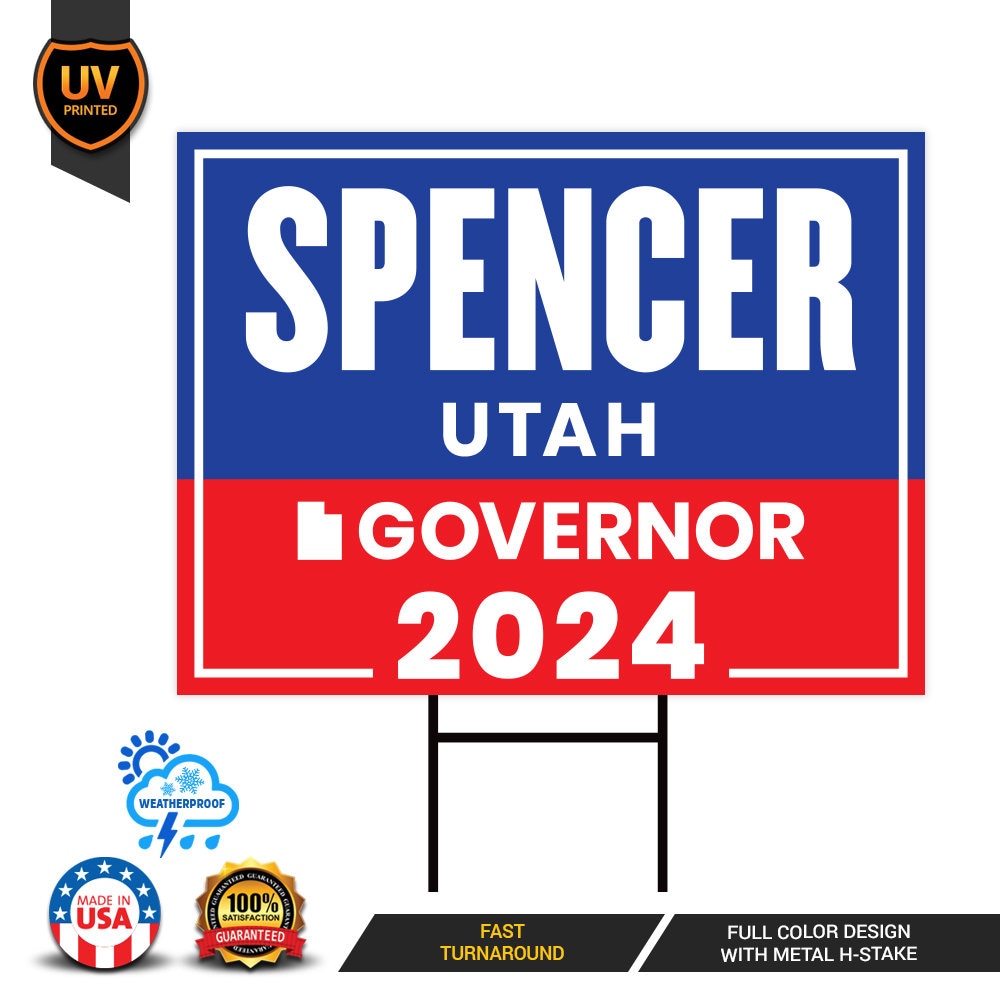 Spencer Cox For Utah Governor Yard Sign - Coroplast 2024 Governor Elections Race Red White & Blue Yard Sign with Metal H-Stake