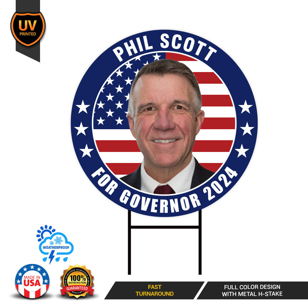 Phil Scott For Vermont Governor Yard Sign - Coroplast 2024 Governor Elections Race Red White & Blue Yard Sign with Metal H-Stake