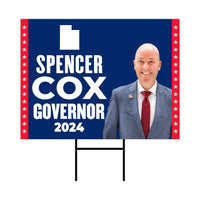 Spencer Cox For Utah Governor Yard Sign - Coroplast 2024 Governor Elections Race Red White & Blue Yard Sign with Metal H-Stake