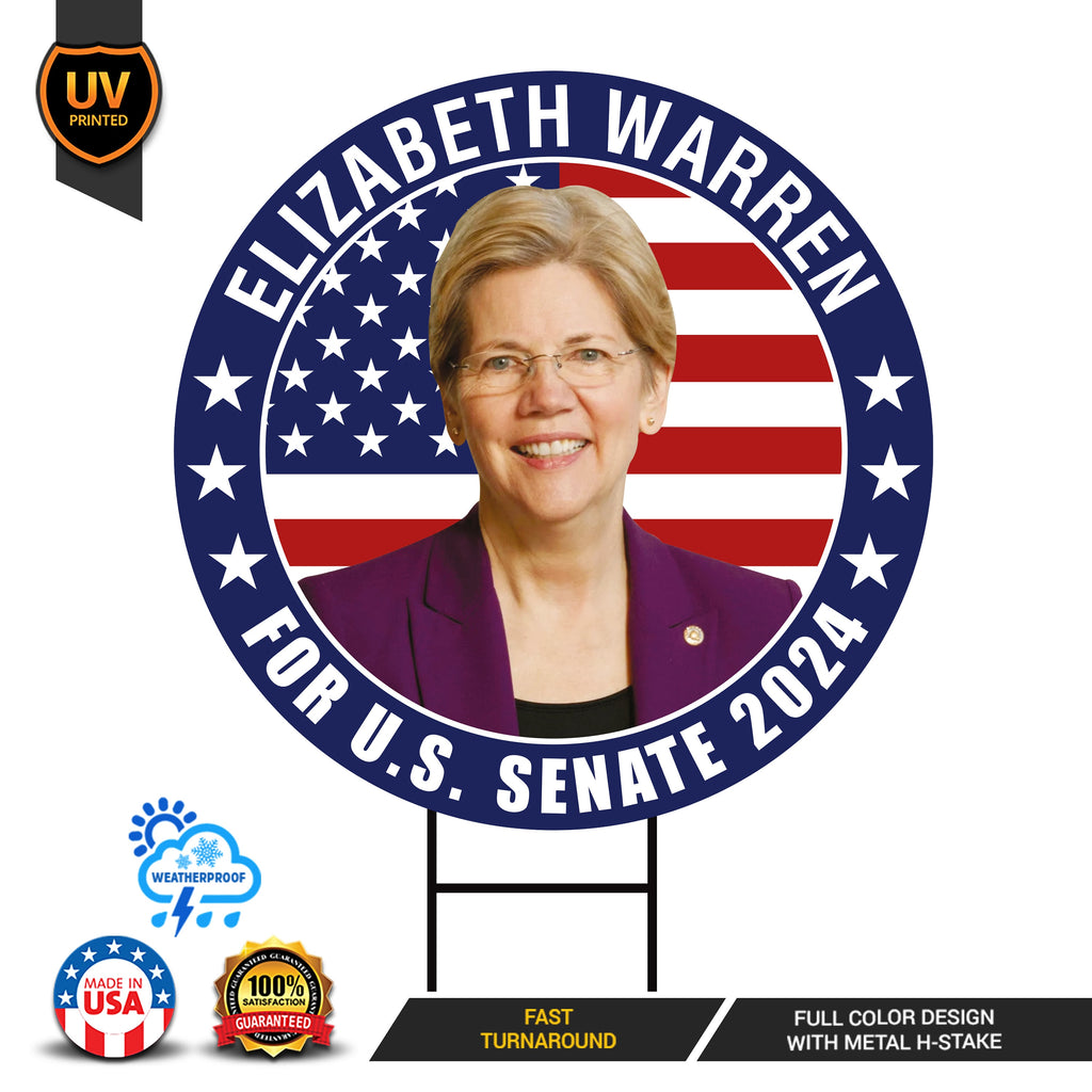 Elizabeth Warren US Senate Yard Sign - Coroplast US Senate Election Massachusetts 2024 Race Red White & Blue Yard Sign with Metal H-Stake