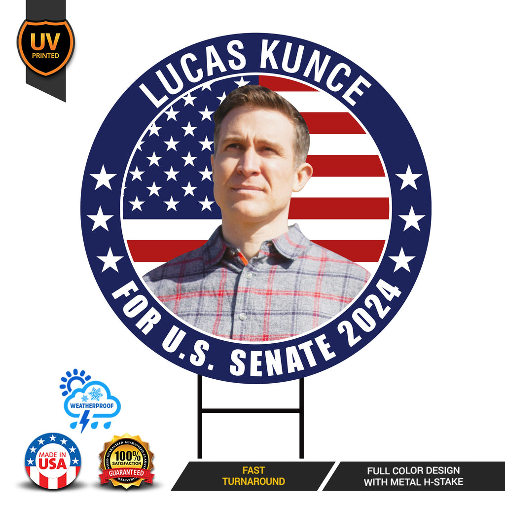 Lucas Kunce US Senate Yard Sign - Coroplast US Senate Election Missouri 2024 Race Red White & Blue Yard Sign with Metal H-Stake