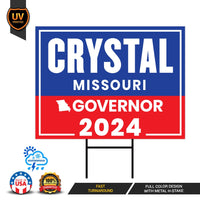 a sign that says crystal missouri and a red, white and blue sign that says