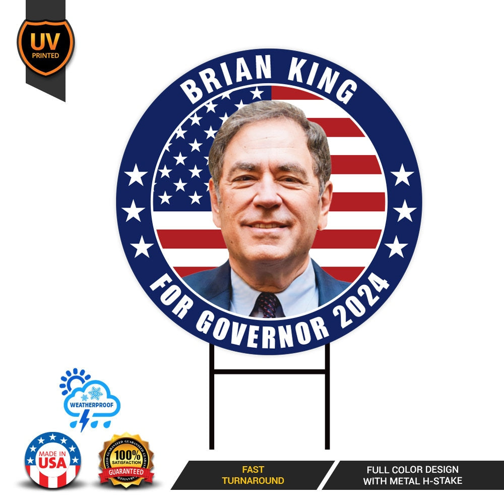 Brian King For Utah Governor Yard Sign - Coroplast 2024 Governor Elections Race Red White & Blue Yard Sign with Metal H-Stake