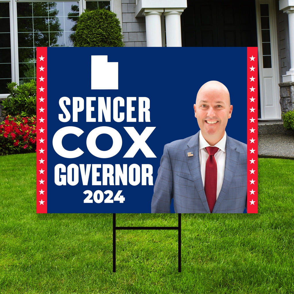 Spencer Cox For Utah Governor Yard Sign - Coroplast 2024 Governor Elections Race Red White & Blue Yard Sign with Metal H-Stake