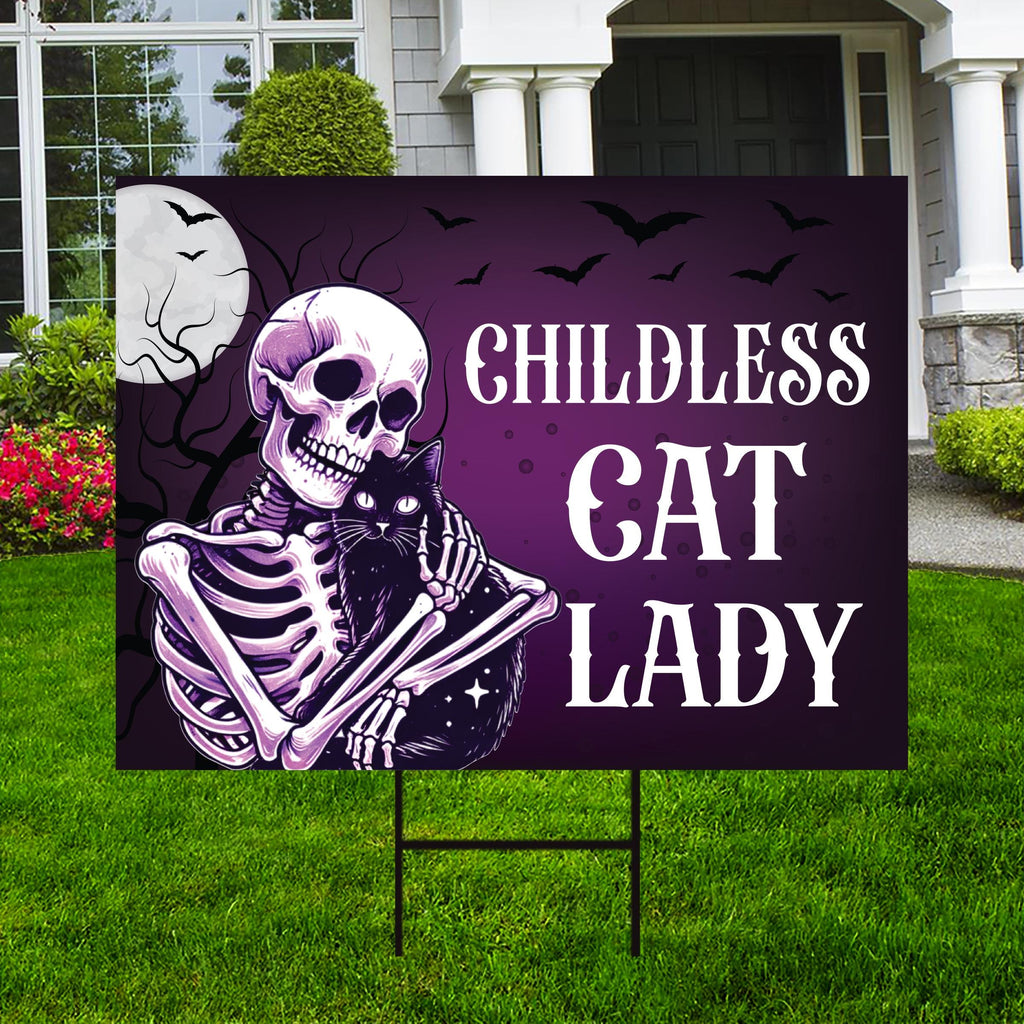 Childless Cat Lady Yard Sign - Coroplast Harris For President 2024 Lawn Sign, Halloween Election Sign, Skeleton Signs with Metal H-Stake