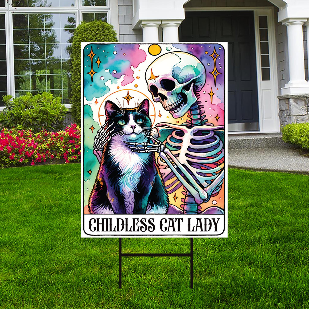 Childless Cat Lady Yard Sign - Coroplast Kamala Harris 2024 Lawn Sign, Witchy Halloween, Vote Election 2024, Tarot Card Signs Metal H-Stake