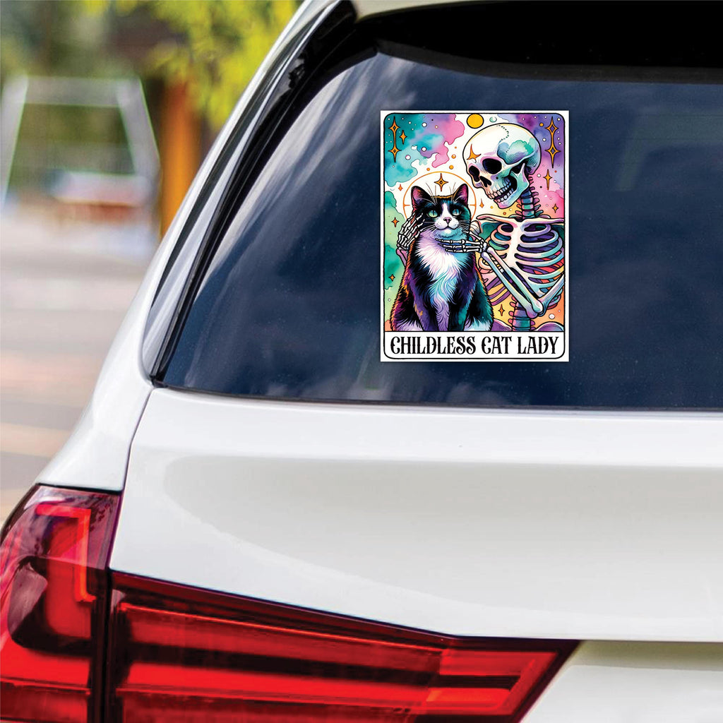 Childless Cat Lady Sticker Vinyl Decal, Kamala Harris 2024 Sticker, Election 2024 Skeleton Halloween Tarot Card Bumper Sticker - 6" x 4.5"