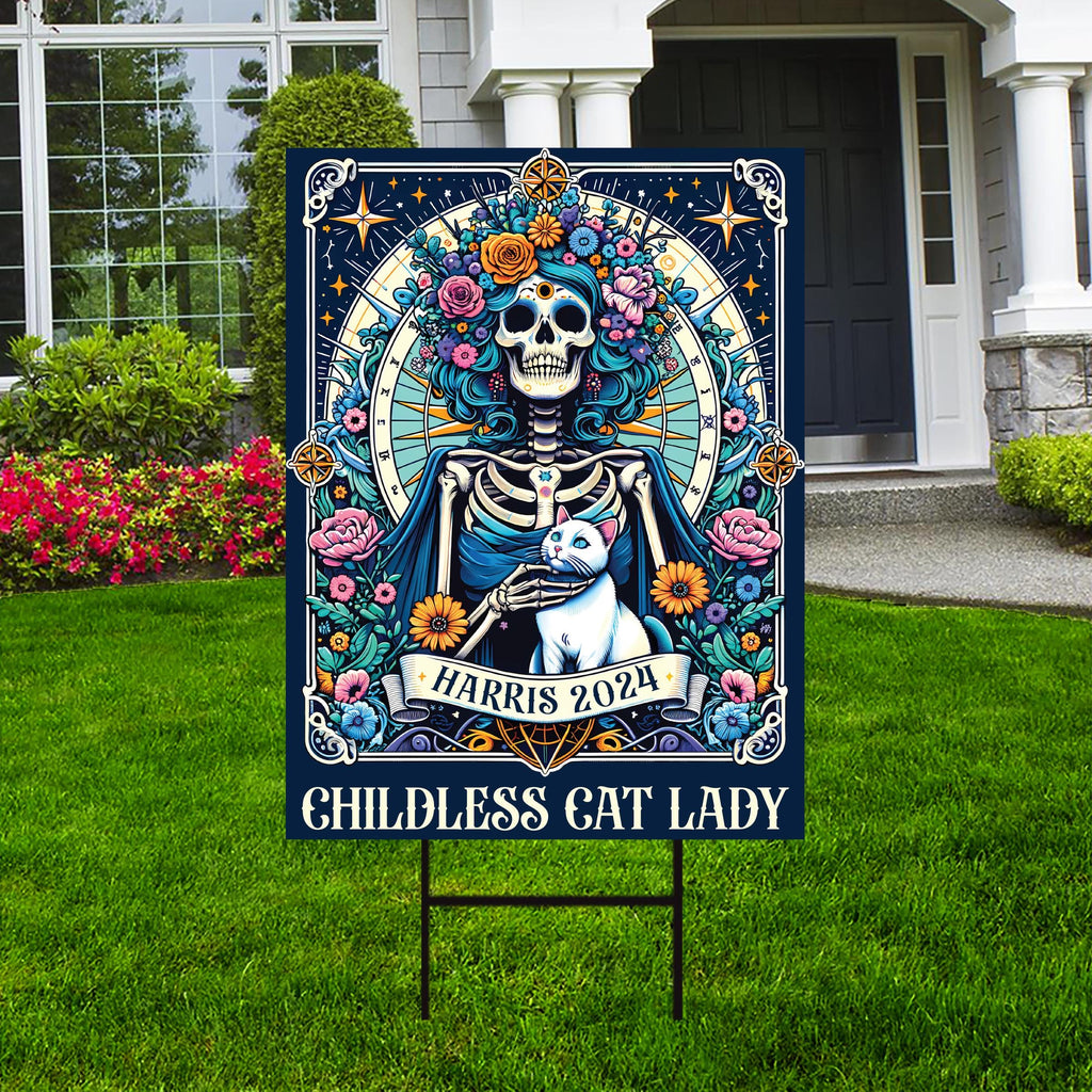 Childless Cat Lady Yard Sign - Coroplast Kamala Harris 2024 Lawn Sign, Witchy Halloween, Vote Election 2024, Tarot Card Signs Metal H-Stake