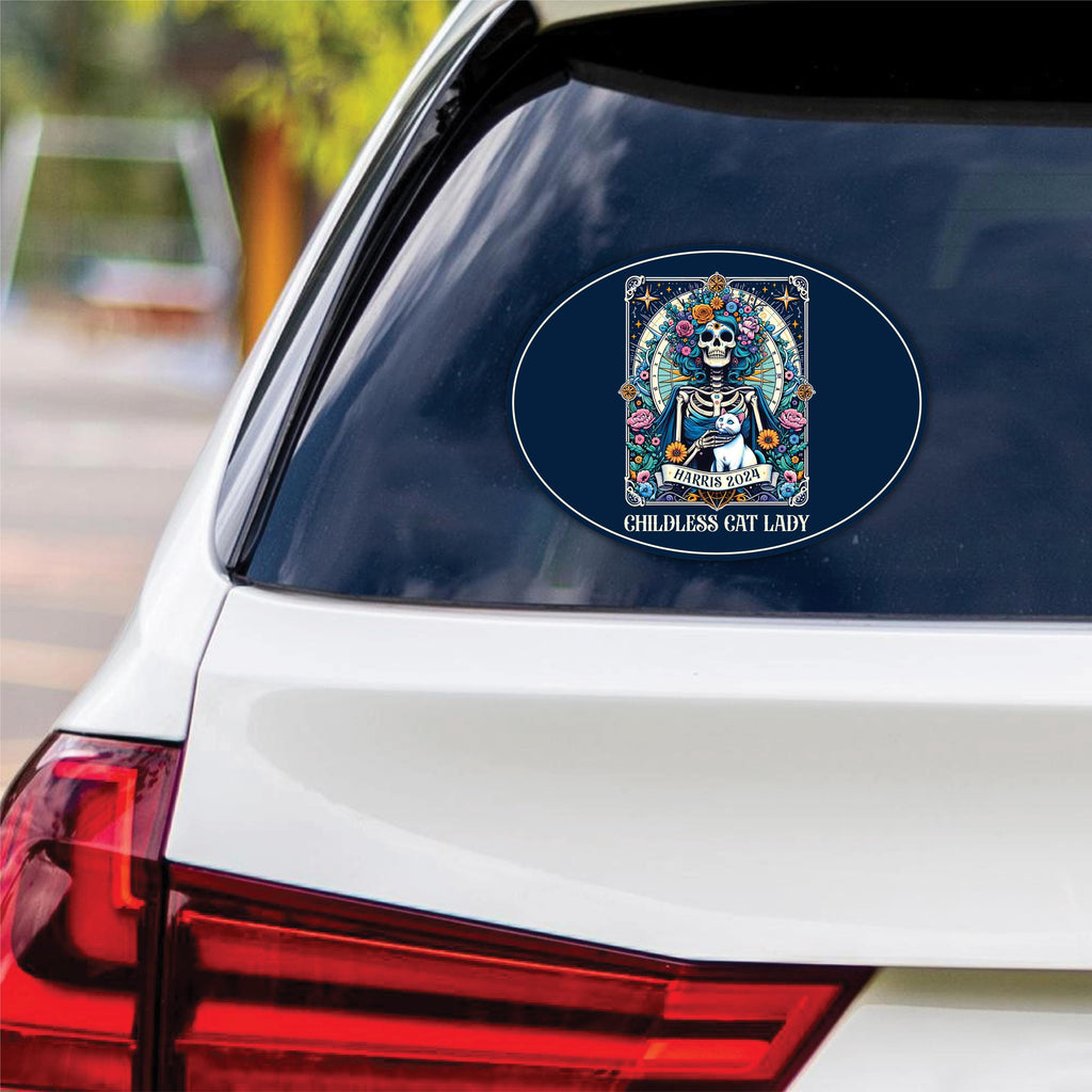 Childless Cat Lady Sticker Vinyl Decal, Kamala Harris 2024 Sticker, Election 2024 Skeleton Halloween Tarot Card Bumper Sticker - 6" x 4.5"