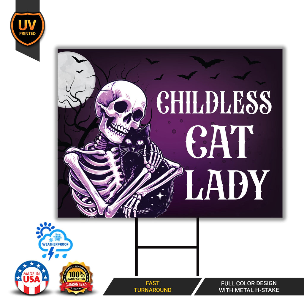 Childless Cat Lady Yard Sign - Coroplast Harris For President 2024 Lawn Sign, Halloween Election Sign, Skeleton Signs with Metal H-Stake