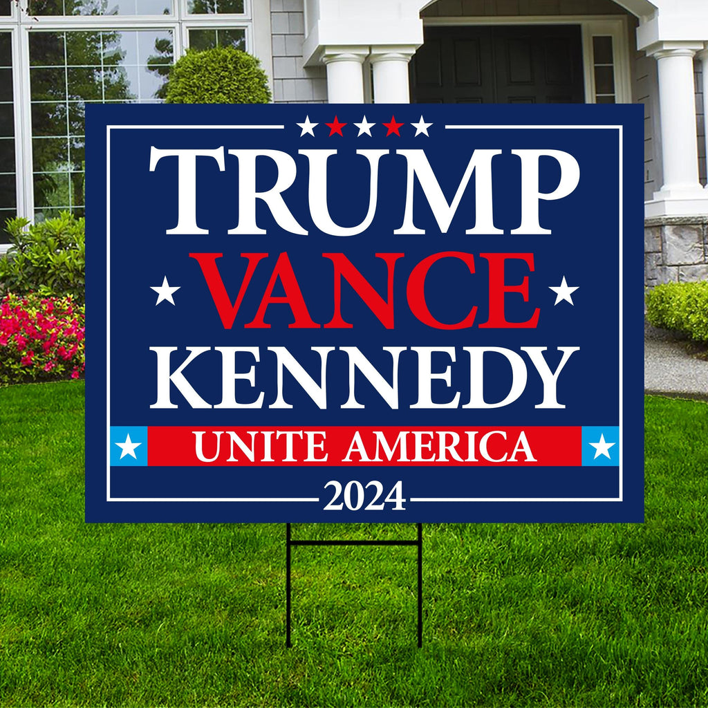 Trump Vance Kennedy 2024 Yard Sign - Coroplast Unite America 2024, Trump For President 2024, Trump Kennedy Yard Sign with Metal H-Stake